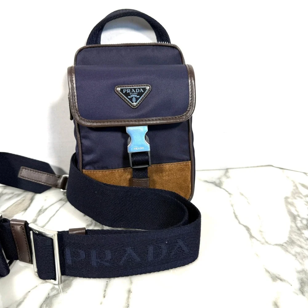 Prada Re-Nylon Leather Smartphone Case Shoulder Bag 2ZH194 Blu Caffe Navy Brown